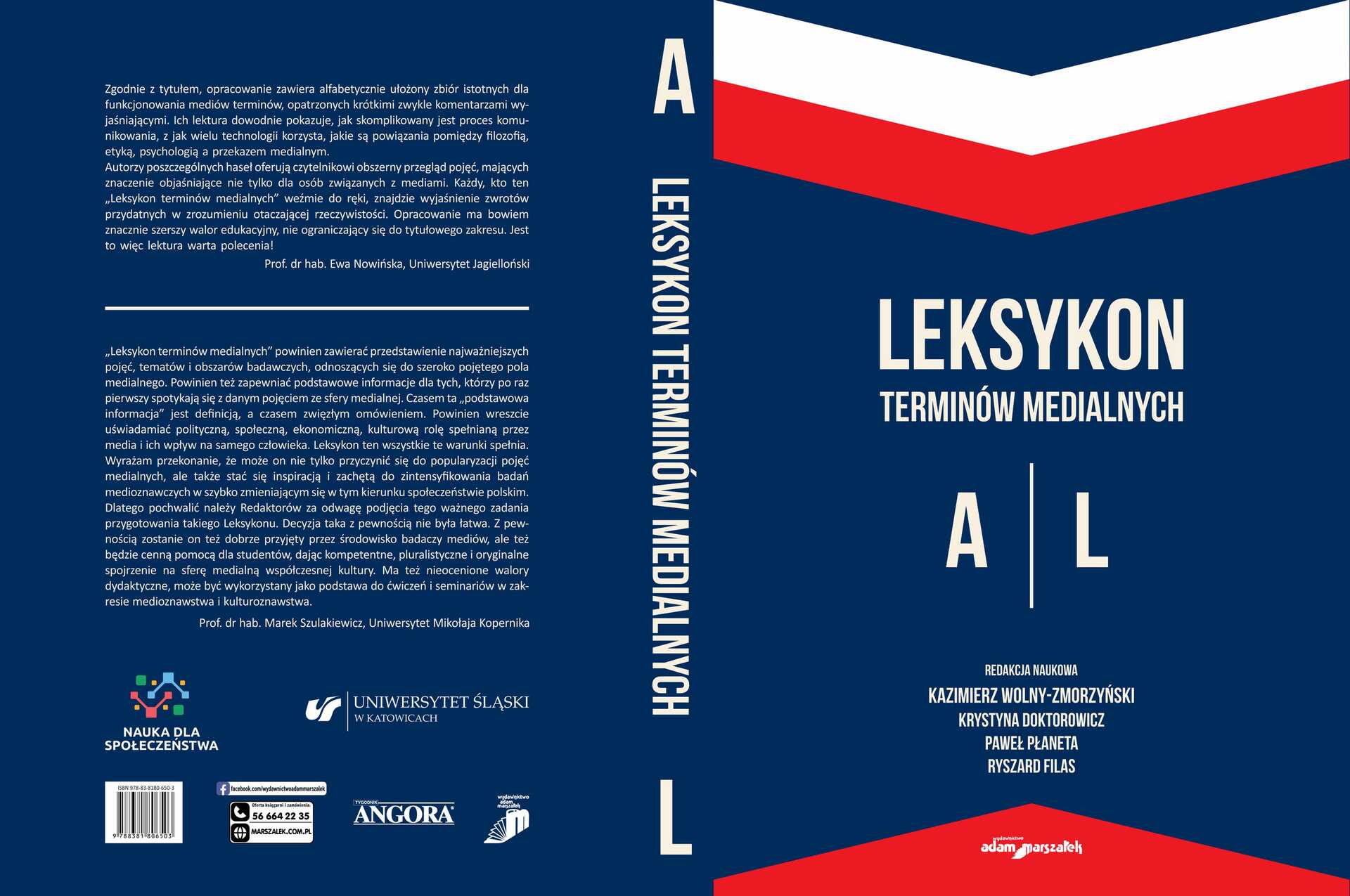 Okładka książki „LEKSYKON TERMINÓW MEDIALNYCH A|L” w barwach białej, czerwonej i granatowej, z nazwiskami redaktorów.