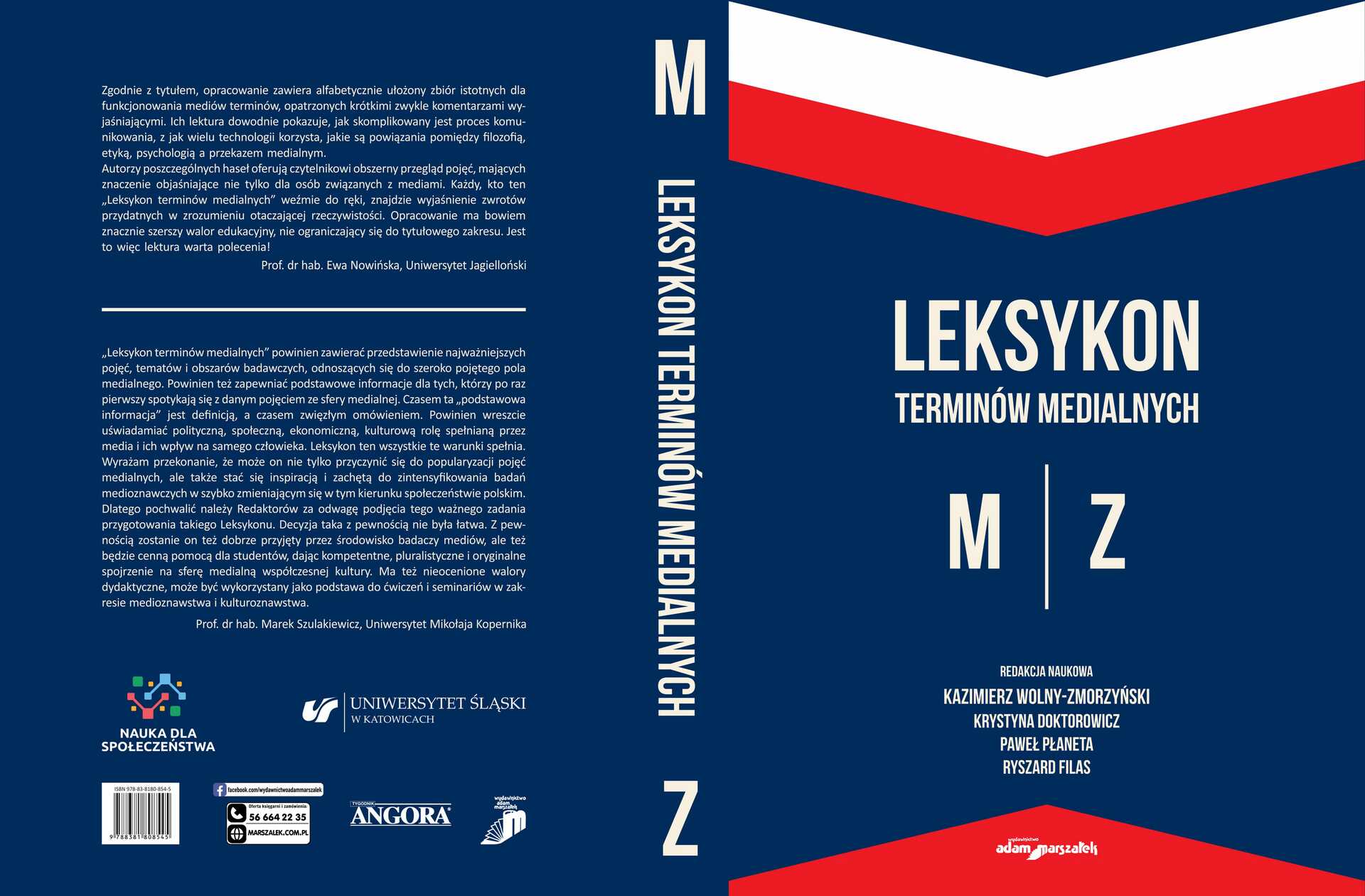 Okładka książki „LEKSYKON TERMINÓW MEDIALNYCH M|Z” w barwach białej, czerwonej i granatowej, z nazwiskami redaktorów.